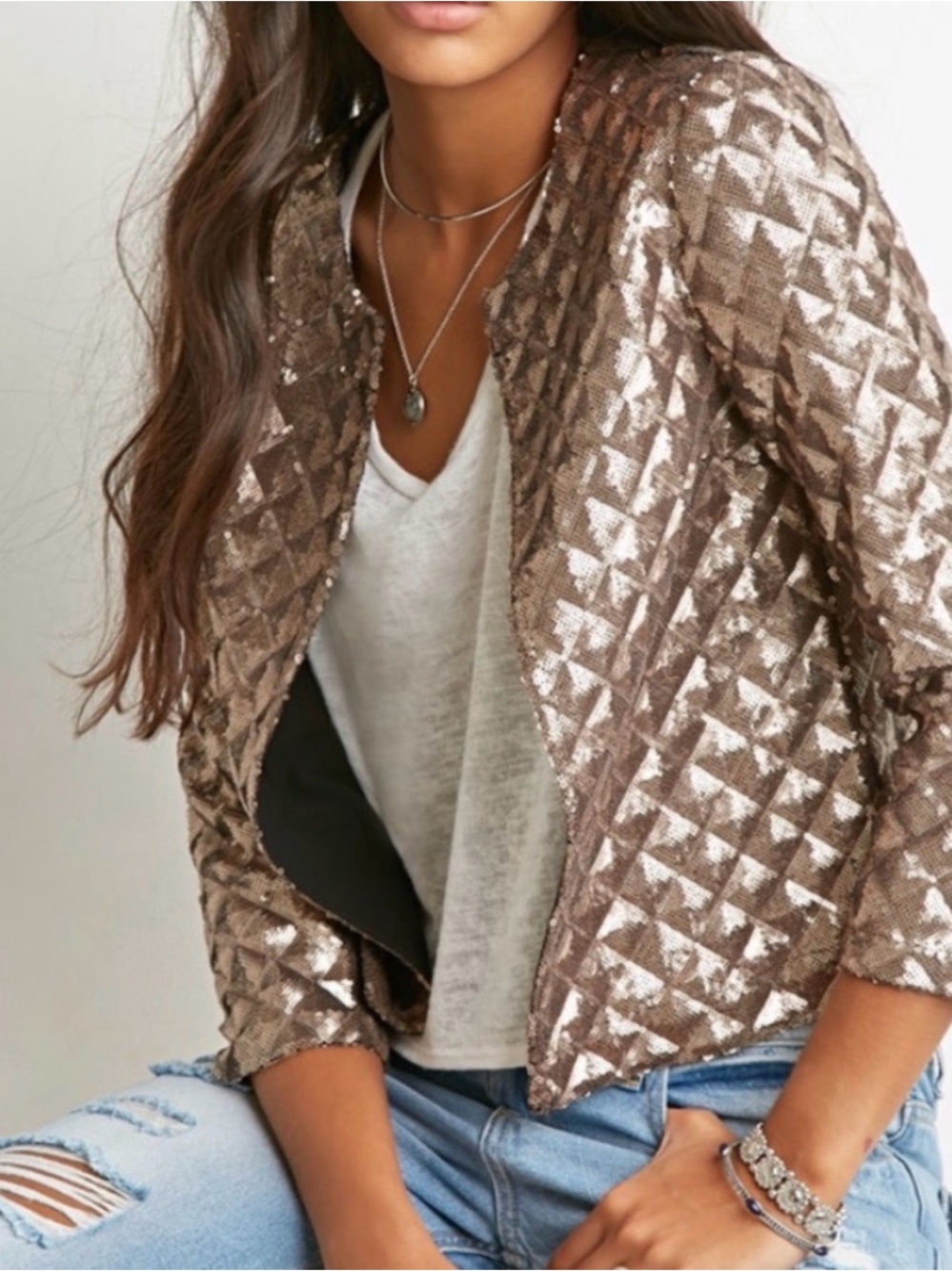 HAODUOYI Metallic Gold Quilted Open-Front Cropped Blazer